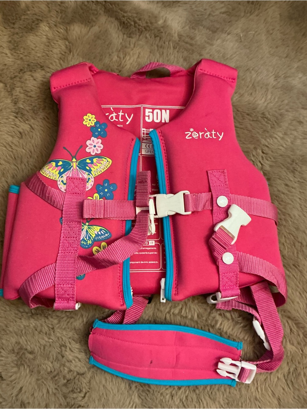 Zeraty Kids Swim Life Jacket Vest Pink Butterfly 50N USCG Type III PFD Flotation